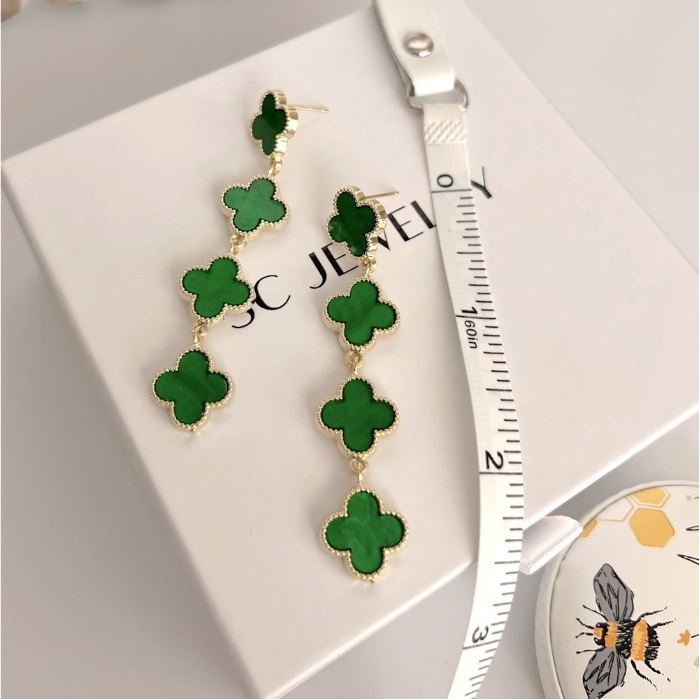 Last 1 🔥 Green Dangle Clover Earrings 925 Sterling Silver - Picture 2 of 8
